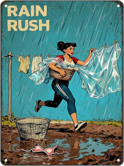 Rain Rush Laundry Vintage Tin Sign Funny Sarcastic Retro Housewife Design Mom Laundry Room Wall Decor 16x12 Inch