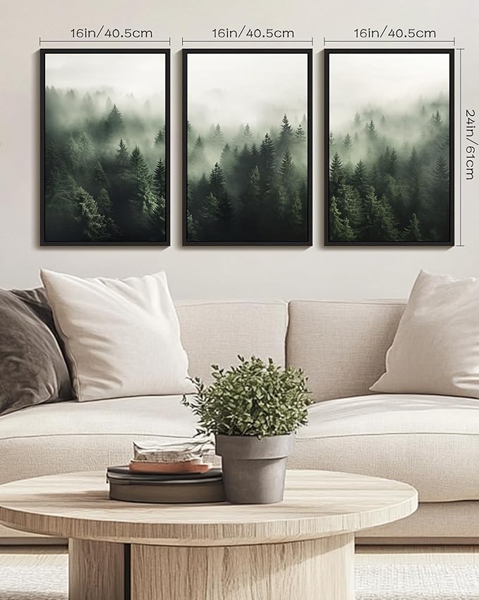 PHOPAGO Green Fog Pine Tree Framed Wall Art Large 16x24in Nature Misty Nordic Forests Artwork Morden Paints for Living Room Home Office Decor - Black Framed