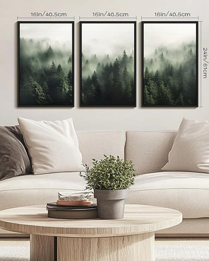 PHOPAGO Green Fog Pine Tree Framed Wall Art Large 16x24in Nature Misty Nordic Forests Artwork Morden Paints for Living Room Home Office Decor - Black Framed