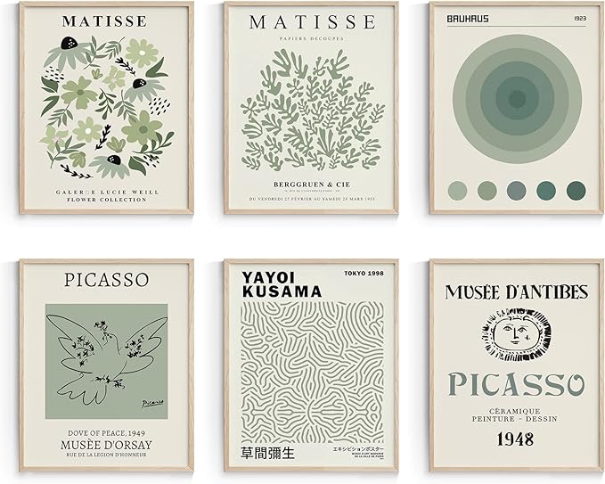 Habseligkeit Sage Green Matisse Wall Art Posters, Boho Vintage Master Wall Decors, Posters for Room Aesthetic Unframed, 11x14in, Set of 6