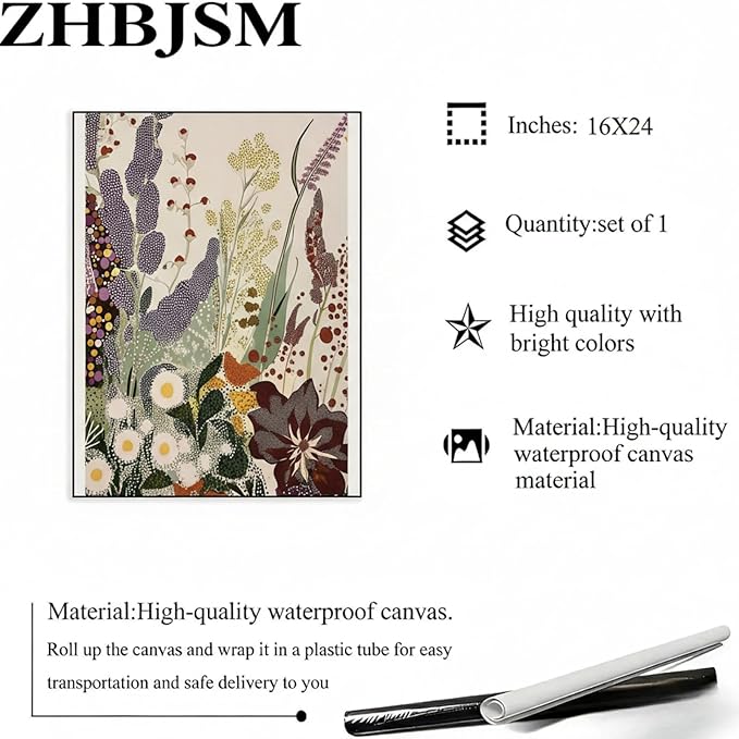 ZHBJSM Wildflower Wall Art Set of 2 Vibrant Floral Poster Boho Decor Dot-Patterned Retro Earthy Tone Plant Print for Bedroom Living Room 16x24 Inch Unframed