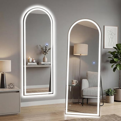 21"×64" Arched LED Full Length Mirror with Stand, Full Body Wall-Mount Mirror with LED Lights 3 Color Lighting, Hanging or Leaning, Floor Standing, Modern Simple Home Wall Decor