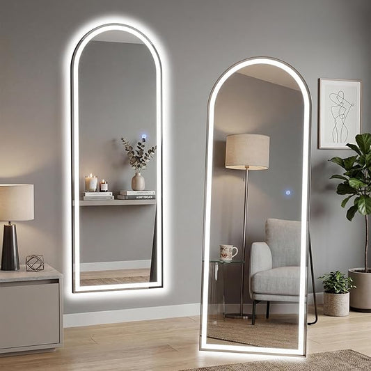 21"×64" Arched LED Full Length Mirror with Stand, Full Body Wall-Mount Mirror with LED Lights 3 Color Lighting, Hanging or Leaning, Floor Standing, Modern Simple Home Wall Decor