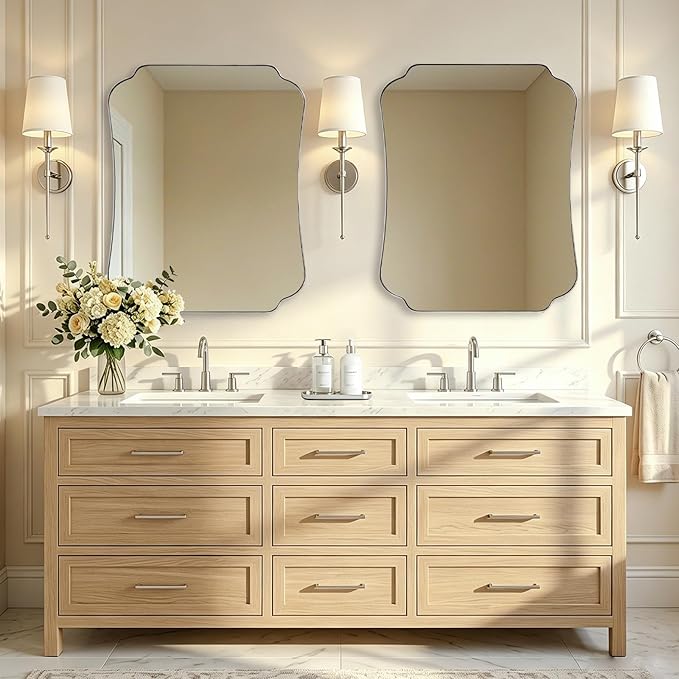 ANDY STAR 24"x30" Brushed Nickel Mirror, Scalloped Bathroom Wall Mirror with Metal Frame for Vanity, Vintage Notched Edges Design Ideal for Entryway, Living Room & Bedroom Decor