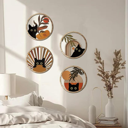 Boho Black Cat Wall Art Black Cat Room Decor Aesthetic, 4-Piece Farmhouse Geometric Wooden Cat Wall Decor Mid-Century Bohemian Moon Sun Design for Nursery, Bedroom Perfect Cat Lover Gifts