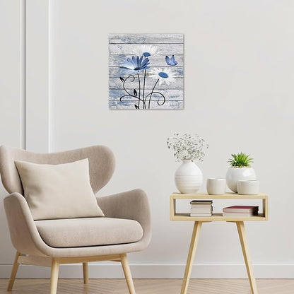HVEST Farmhouse Blue Floral Wall Art for Living Room, Blue and White Daisy Butterfly on Rustic Wood Canvas Wall Art Nature Flower Pictures for Bathroom Bedroom Apartment Wall Decor,12L X 12W inches