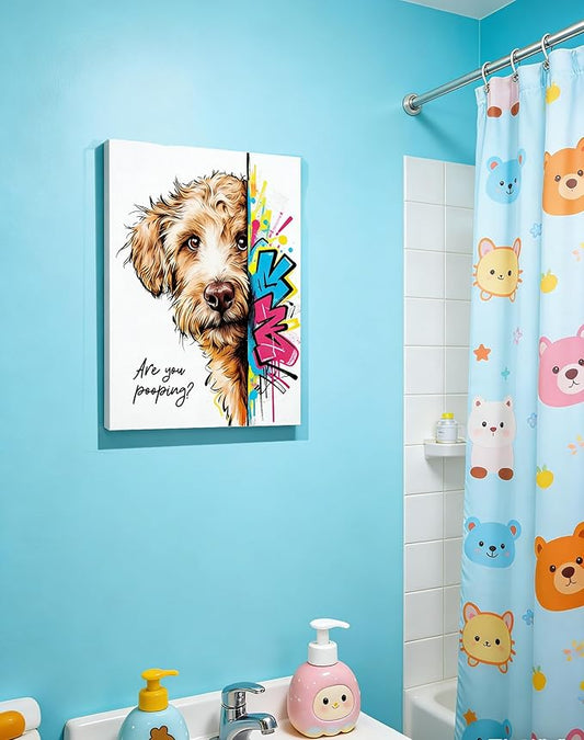 12x16“ Funny Goldendoodle Dog Bathroom Wall Art, Are You Pooping? Graffiti Pet Canvas Print, Humorous Restroom Poster Decor for Bathroom Toilet, Modern Pop Art Dog Lover Picture (Framed)