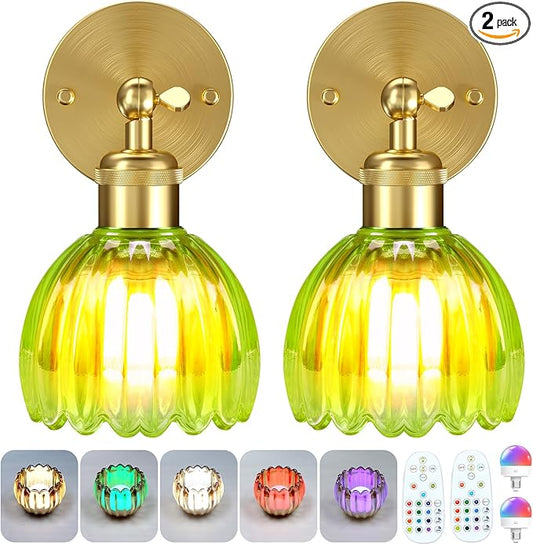 Battery Operated Wall Sconce with Remote Control, Wireless Wall sconces Set of Two with 7000mAh Dimmable Magnetic RGB Bulbs, Rechargeable Wall Light for Bedside Bedroom Living Room Hallway Wall Decor