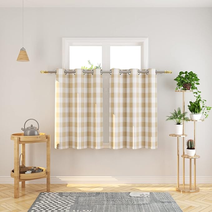 3 Pc Cotton Classic Country Farmhouse Kitchen Window Curtain Grommet Top -Beige & White Buffalo Check Tier & Valance Set, 54" x 18" / 32" x 36"