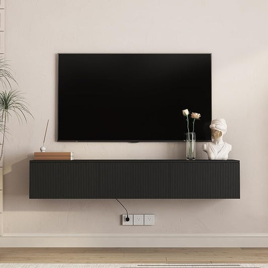 KEIKI 65" Floating TV Stand Wall Mounted with 16 Color LEDs & Power Outlets for TVs Up to 70 Inch, Wooden Media Console Entertainment Center Television Table Cabinet for Living Room, Bedroom