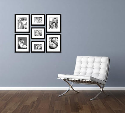 Craig Frames Gallery Wall Frame Set, (4) 11x14 Frames with Mat for 8x10, (3) 8x10 Frames with Mat for 5x7, Black Picture Frame with White Matting for Modern Wall Decor