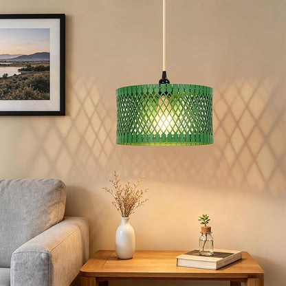 ZSLAIFU Hanging Lamp Plug in Pendant Light, 15FT Hanging Lights with Plug in Cord, Hanging Light with Bulb and Remote, Wood Shade Hanging Lamps for Bedroom, Living Room, Kitchen, Farmhouse(Green)