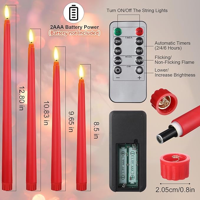 Rossesay 28 Pcs Flameless Taper Candles with Timer Remote 4 Sizes of 8.5", 9.6", 10.83", 12.8" LED Flickering Taper Candles Battery Operated for Valentine's Day Church Wedding Home Decor(Red)