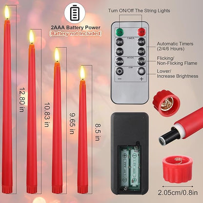 Rossesay 28 Pcs Flameless Taper Candles with Timer Remote 4 Sizes of 8.5", 9.6", 10.83", 12.8" LED Flickering Taper Candles Battery Operated for Valentine's Day Church Wedding Home Decor(Red)