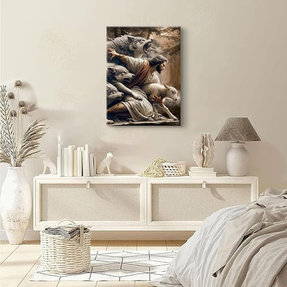 Jesus and Lamb Canvas Wall Art Jesus Saves The Lost Lamb Picture Wall Decor God Protect A sheep From Wolves Painting Print Christian Poster Artwork for Living Room Bedroom Church（24x36in Canvas）