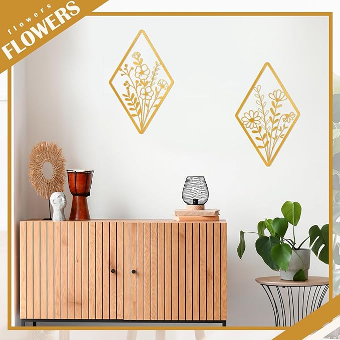 PullCrease 2 Pcs Metal Wall Art, Metal Flower Wall Decor, Modern Floral Art for Living Room, Bedroom, Bathroom, Rustic Farmhouse Decor, Sculpture Kitchen Decoration(Gold)