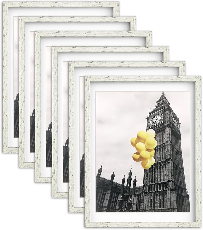 BSRHOMR 12x16 Picture Frame with Mat Distressed White, Country Rustic Style Photo Frame Set of 6 with Removable 11 x 14 Mat, Display Table Top or Wall Mount for Gallery