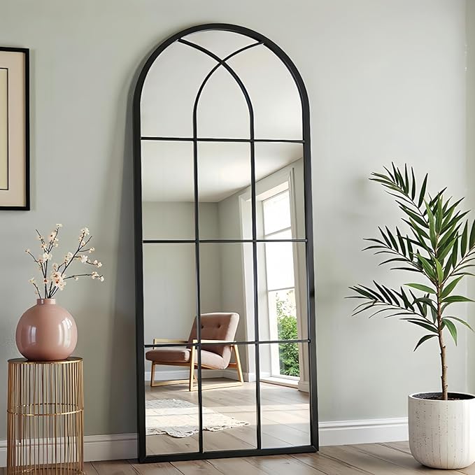 Prywot Full Body Mirror, 65"x22" Arched Window Pane Mirrors for Wall Decor, Black Full Body or Wall Mounted Mirrors, Farmhouse Standing Mirror Hanging or Leaning for Living Room, Entryway, No Stand