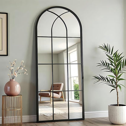 Prywot Full Body Mirror, 65"x22" Arched Window Pane Mirrors for Wall Decor, Black Full Body or Wall Mounted Mirrors, Farmhouse Standing Mirror Hanging or Leaning for Living Room, Entryway, No Stand