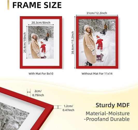 YESKAY 11x14 Picture Frame Set of 9, Photo Gallery Wall Frame Set, Display Pictures 8x10 with Mat or 11 x 14 Without Mat, Multi Photo Frames for Wall Mounting or Table Top Display, Red