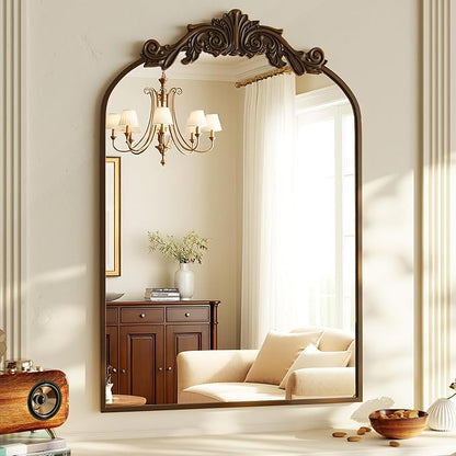 VooBang Vintage Arched Bathroom Mirror, 26x38 Inch Retro Wall Mounted Vanity Mirror with Carved Pattern Top and Metal Frame, Antique Decorative Mirror for Hanging or Leaning