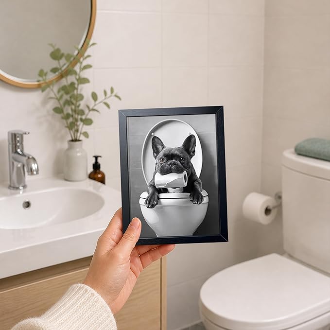 Funny French Bulldog Bathroom Canvas Wall Art, Black and White Frenchie Poster Decor, Cute Puppy Toilet Painting Print Picture Wall Decor for Farmhouse Restroom Washroom Home Decoration 8x10 Inch Framed