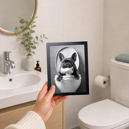 Funny French Bulldog Bathroom Canvas Wall Art, Black and White Frenchie Poster Decor, Cute Puppy Toilet Painting Print Picture Wall Decor for Farmhouse Restroom Washroom Home Decoration 8x10 Inch Framed