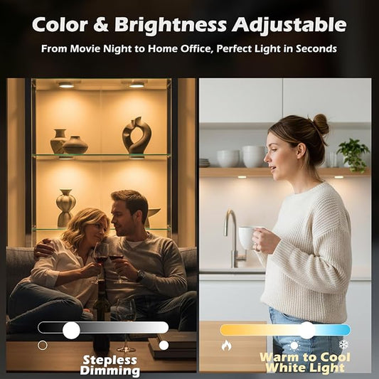 Cefrank Smart Puck Lights 6 Pack - [2700K-6000K Dimmable] WiFi Under Cabinet Lighting Kit, No Hub Alexa & Google Assistant Controlled, Easy Stick on Lights for Kitchen, Pantry, Closet & Safe