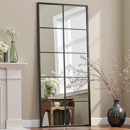 Prywot Full Length Mirror, 65"x24" Window Pane Mirror for Wall Decor, Black Full Body or Wall Mounted Mirrors, Farmhouse Standing Mirrors Hanging or Leaning for Living Room, Entryway, No Stand