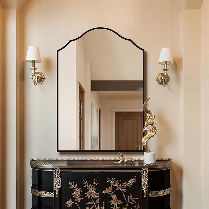 Black Scalloped Mirror for Bathroom, 36"x24" Arched Entryway Mirrors for Wall with Modern Transitional Metal Frame, Large Bedside Decor