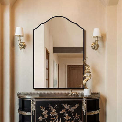 Black Scalloped Mirror for Bathroom, 36"x24" Arched Entryway Mirrors for Wall with Modern Transitional Metal Frame, Large Bedside Decor
