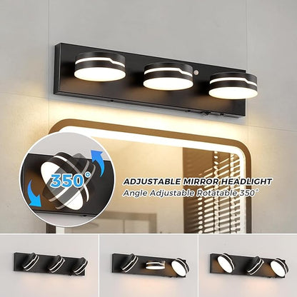 LED Modern Bathroom Lights Fixtures 3-Light Motion Sensor Vanity Light Matte Black Acrylic Wall Lighting,3CCT Vanity lamp for Bathroom Over Mirror with 350°Rotatable Acrylic Heads