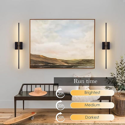 KARTOOSH Battery Operated Wall Sconces with Remote Control, Dimmable Wall Sconces Set of Two, 350°Rotate, 3000K LED Black Wireless Wall Light for Living Room, Hallway, Bedroom, 24.4 Inch (2 Pack)