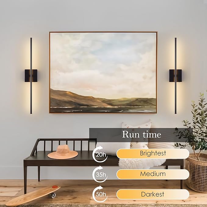 KARTOOSH 28.3 Inch Battery Operated Wall Sconces 3000K Warm White LED Wall Lights Remote Control Dimmable Set of Two 350°Rotate Wireless Lamps Home Decor for Living Room Hallway Bedroom, Black 2 Pack