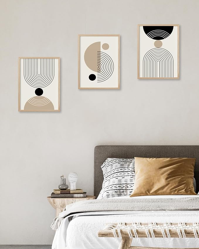 HesenDot Unframed Abstract Geometric Line Wall Art Set of 3, 12x16in Boho Mid Century Canvas Prints, Modern Arch Posters, Neutral Minimalist Wall Decor for Living Room Bedroom Bathroom Study