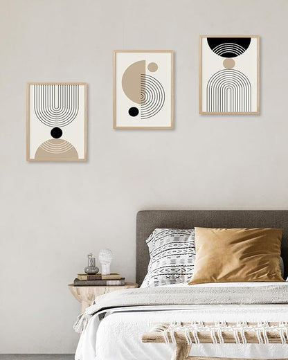 HesenDot Unframed Abstract Geometric Line Wall Art Set of 3, 12x16in Boho Mid Century Canvas Prints, Modern Arch Posters, Neutral Minimalist Wall Decor for Living Room Bedroom Bathroom Study