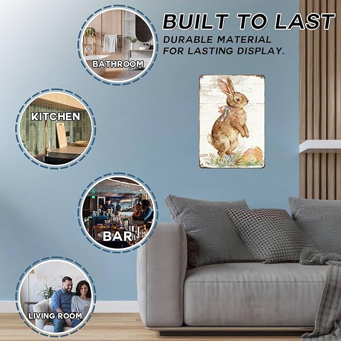 Happy Easter Bunny Metal Sign Spring Theme Rustic Tin Wall Art For Home Kitchen Garden Farmhouse Seasonal Decor 12x16Inch