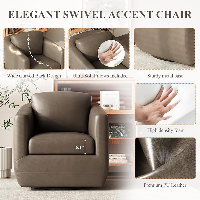 MALOL 360° Swivel Accent Chair- Comfy Living Room Armchair No-Sag Foam & Sturdy Metal Base with Pillow, Fully Assembled Swivel Accent Single Sofa for Bedroom, Office, Wolf Grey