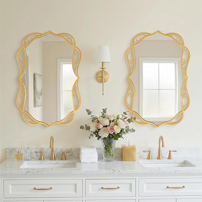 Besdomus Antique Gold Bathroom Mirror: 24"x36" Scalloped Modern Large Bathroom Vanity Mirrors for Over Sink - Farmhouse Decorative Vertical or Horizontal Hanging for Bathroom/Fireplace/Hallway