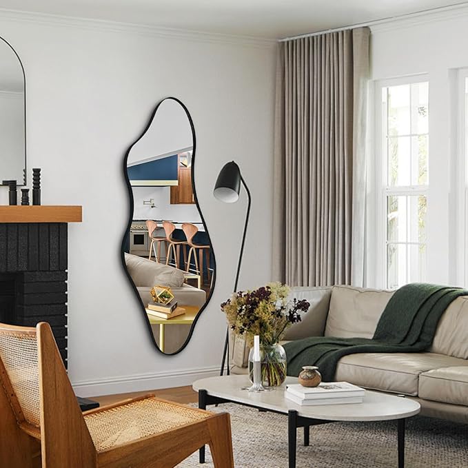 Large Irregular Mirror, 55"x25.6" Asymmetrical Wall Mirrors with Metal Frame, Modern Organic Shaped Mirrors for Living Room Bedroom Hallway Entryway, Hangs Vertically or Horizontally