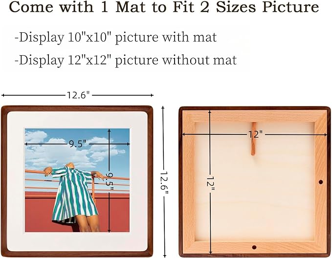 FLECHAZO 12x12 Frame, Natural Solid Walnut Wood 12x12 Picture Frame with Mat for 10x10 Photos, Square Wall Gallery Photo Frame for Wall Mounting and Tabletop Display