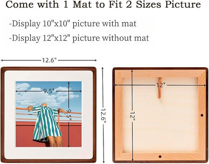FLECHAZO 12x12 Frame, Natural Solid Walnut Wood 12x12 Picture Frame with Mat for 10x10 Photos, Square Wall Gallery Photo Frame for Wall Mounting and Tabletop Display