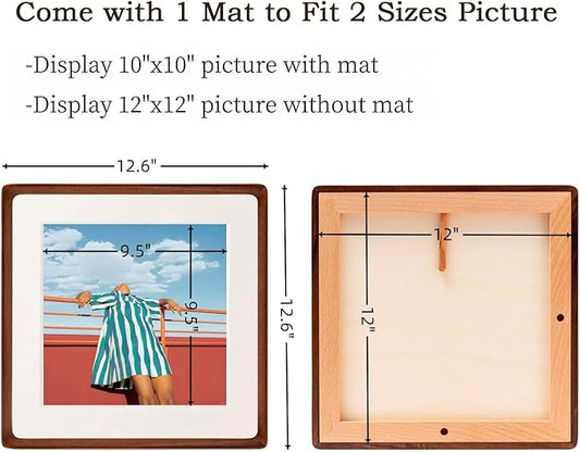 FLECHAZO 12x12 Frame, Natural Solid Walnut Wood 12x12 Picture Frame with Mat for 10x10 Photos, Square Wall Gallery Photo Frame for Wall Mounting and Tabletop Display
