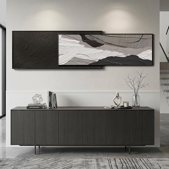 Extra Large Framed Black and White Abstract Wall Art for Living Room, Set of 2 Long Horizontal Modern Canvas Prints Paintings, Minimalist Gray Pictures for Bedroom Dining Room Office Wall Decor