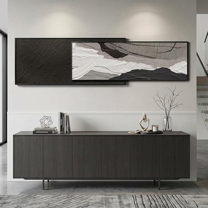 Extra Large Framed Black and White Abstract Wall Art for Living Room, Set of 2 Long Horizontal Modern Canvas Prints Paintings, Minimalist Gray Pictures for Bedroom Dining Room Office Wall Decor