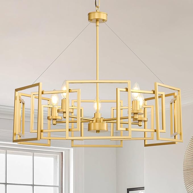 Gold Modern Industrial Geometric Chandelier: 5-Light Adjustable Farmhouse Dining Room light Fixture - Hanging Pendant Ceiling Chandelier Lighting over Table Kitchen Island for Living Bedroom Entryway