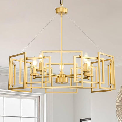 Gold Modern Industrial Geometric Chandelier: 5-Light Adjustable Farmhouse Dining Room light Fixture - Hanging Pendant Ceiling Chandelier Lighting over Table Kitchen Island for Living Bedroom Entryway