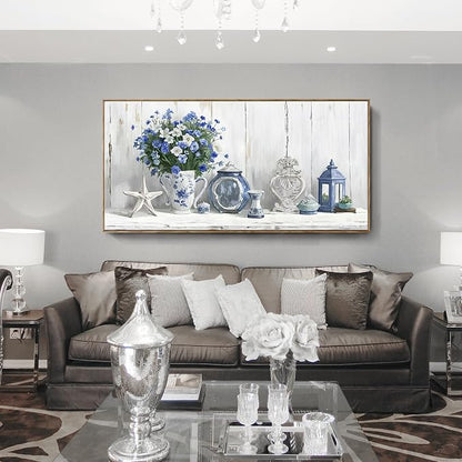 Nicetop Oversized Framed Wall Art for Living Room – Large Floral Canvas Print Blue and White Still Life Artwork Giant Shabby Chic Picture Bedroom Dining Room Office Beach Rustic Country Decor 58x29 Inch