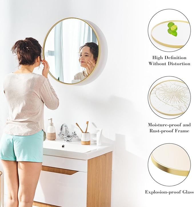 Sweetcrispy 24 Inch Round Wall Mirror with Tempered Glass, Bathroom Mirror Over Sink, Anti-Fog & Waterproof Round Mirror for Bathroom, Entryway, Bedroom, Shatterproof Design, Gold
