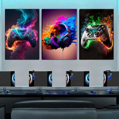 BGFCE Gaming Room Decor Canvas Wall Art Set of 3 - Cool Video Gaming Theme Wall Decor, Gamer Paintings Picture Print for Teen Boys Room 16x24 inch Framed